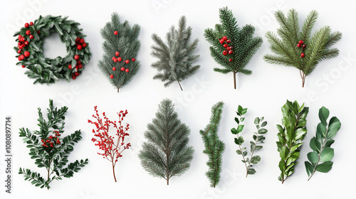 Set of Christmas evergreens, New Year branches, Christmas decor.
Set of fir branches isolated on white background, png clipart, design element. AI generation