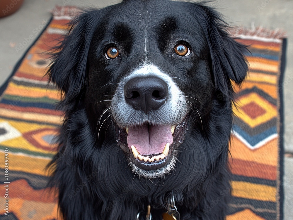 A cheerful black dog eagerly participates in training activities on a vibrant rug A cheerful black dog eagerly participates in training activities on a vibrant rug