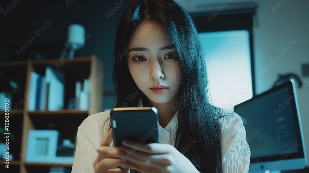 Young Asian Woman Concentrating on Cellphone While Sitting in a Modern Office with Soft Lighting and Focused Expression Displaying Engagement in Digital Interaction Young Asian Woman Concentrating on Cellphone While Sitting in a Modern Office with Soft Lighting and Focused Expression Displaying Engagement in Digital Interaction