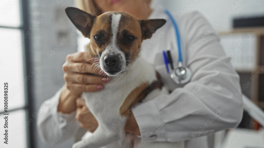 A blonde caucasian woman at a veterinary clinic holds a small dog, showcasing her caring nature as a vet in a professional indoor setting. A blonde caucasian woman at a veterinary clinic holds a small dog, showcasing her caring nature as a vet in a professional indoor setting.