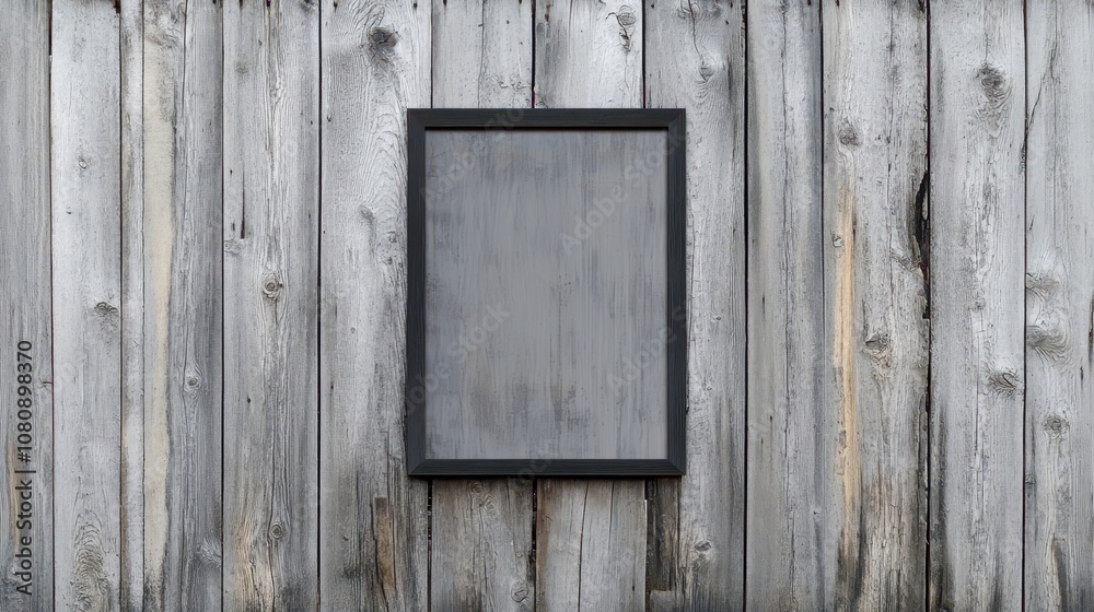 Blank frame on weathered barn door gray rough wood with knots matte black frame overcast light Blank frame on weathered barn door gray rough wood with knots matte black frame overcast light