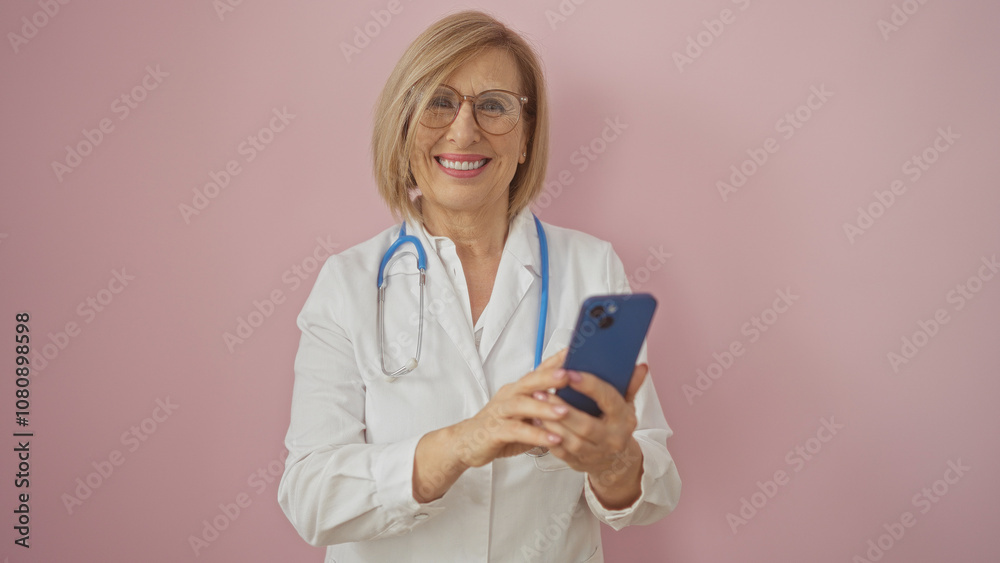 A beautiful elderly caucasian woman doctor with blonde hair and glasses smiling while holding a smartphone, isolated against a pink background. A beautiful elderly caucasian woman doctor with blonde hair and glasses smiling while holding a smartphone, isolated against a pink background.
