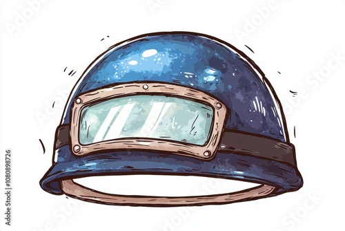 Vintage Style Blue Helmet with Glass Visor, Cartoonish Design, Perfect for Safety Illustrations, Graphics, and Educational Content Related to Head Protection photo