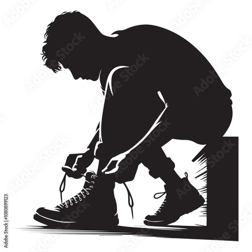  Person tying shoelaces vector Silhouette art black color design and solid white background