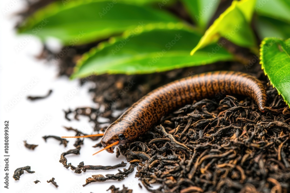 Close-Up of Exotic Invertebrate on Dry Tea Leaves Surrounded by Lush Greenery, Showcasing the Intricate Details of Nature's Small Creatures in a Natural Habitat Close-Up of Exotic Invertebrate on Dry Tea Leaves Surrounded by Lush Greenery, Showcasing the Intricate Details of Nature's Small Creatures in a Natural Habitat
