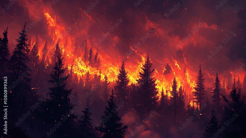 Forest engulfed in flames firelight bright night sky smoke-filled