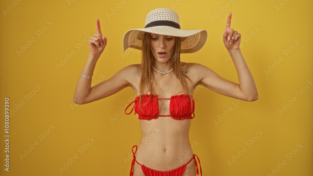 Beautiful blonde woman in a red bikini pointing up, wearing a sun hat, isolated on a yellow background Beautiful blonde woman in a red bikini pointing up, wearing a sun hat, isolated on a yellow background