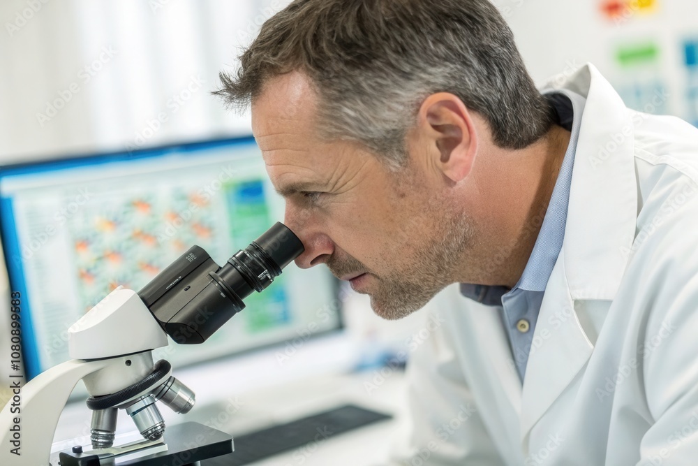 A scientist focuses intently on a microscope in a bright laboratory, analyzing samples.