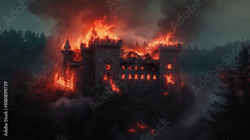 Castle fire stone walls glow flames devour interior smoke billows