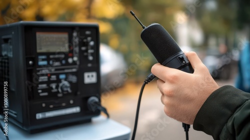 Close-up of a hand using ham radio equipment outdoors photo