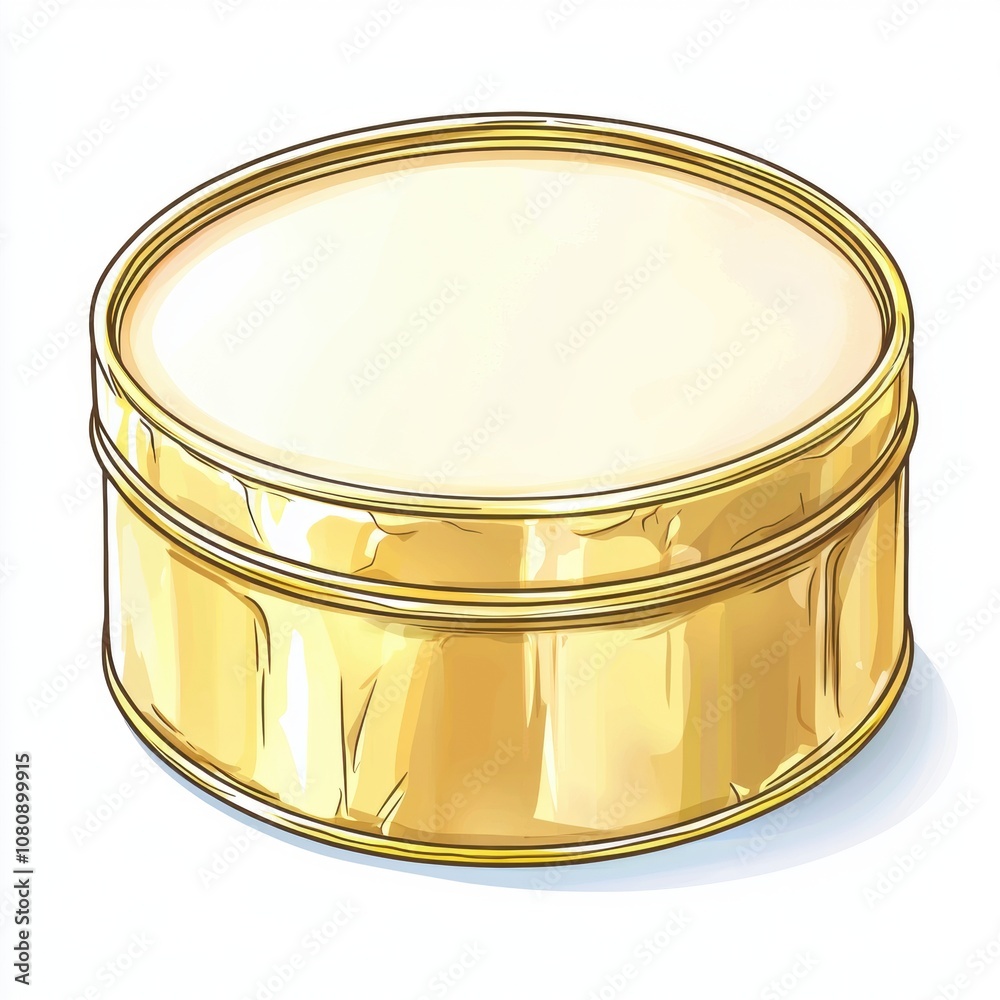 Round golden tin container with a smooth surface and subtle shine, perfect for storing cosmetics, jewelry, or small collectibles in an elegant manner. Round golden tin container with a smooth surface and subtle shine, perfect for storing cosmetics, jewelry, or small collectibles in an elegant manner.