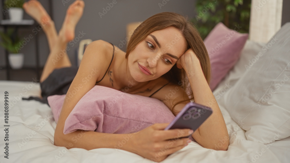 Young attractive blonde caucasian woman relaxing on a bed in a cozy bedroom at home, looking content while using a smartphone. Young attractive blonde caucasian woman relaxing on a bed in a cozy bedroom at home, looking content while using a smartphone.