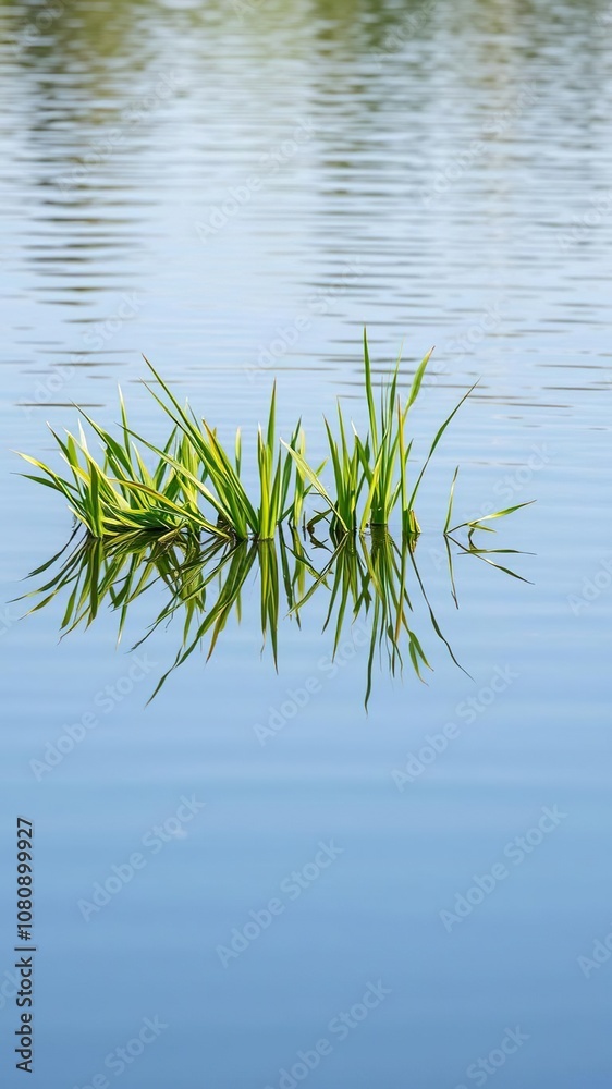 Fototapeta premium A serene scene of green grass reflecting perfectly in a calm water surface, landscape, tranquil, water