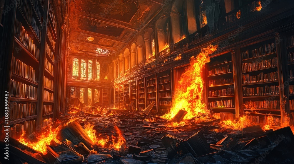 Obraz premium Books ignite in abandoned library fire bright cracked windows shadowed