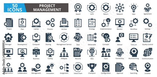 Project management icon collection set. Containing planning,scheduling,leadership,project,management,goals,target,management icon. Simple glyph vector