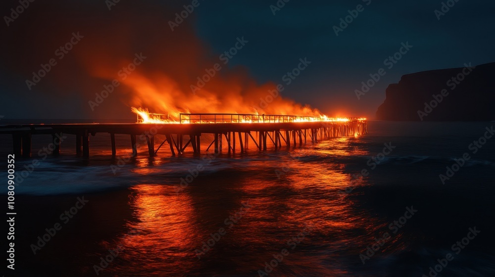 Flames engulf wooden jetty reflections on waves cliffs faint smoke thick Flames engulf wooden jetty reflections on waves cliffs faint smoke thick