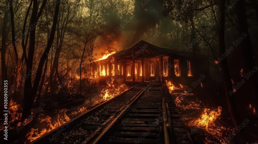 Naklejka premium Fire consumes station platform bright trees shadowed embers drift
