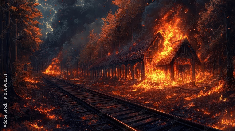 Naklejka premium Station burns shadows deep flames light forest embers float skyward