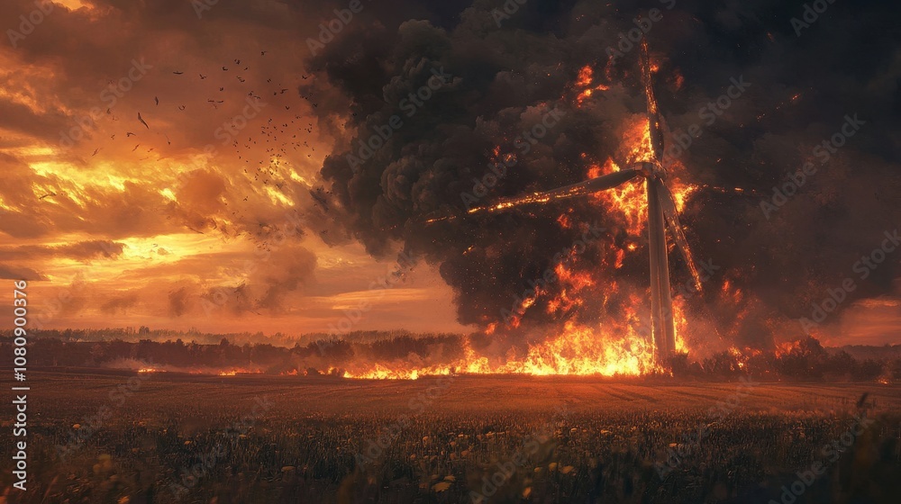 Wind turbine fire blades collapse fields lit orange smoke fills air
