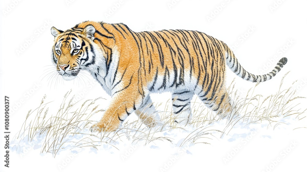 Fototapeta premium Realistic Illustration of a Majestic Tiger Walking Gracefully Through a Snowy Landscape Surrounded by Tall Grass, Capturing the Beauty of Wildlife in Nature