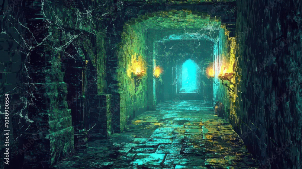 Obraz premium Pixel dungeon blue light glows cobwebs hang torches light stone walls