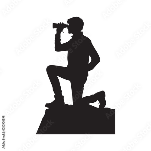 Person using binoculars silhouette vector art black color design and solid white background 