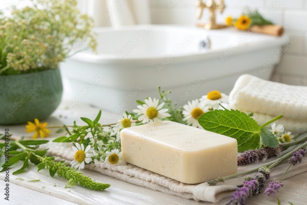 A calming display of natural soap surrounded by vibrant flowers and herbs on a towel. A calming display of natural soap surrounded by vibrant flowers and herbs on a towel.