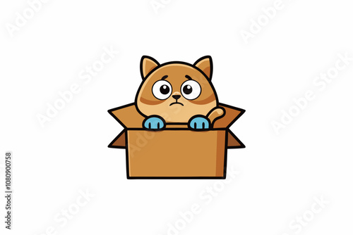 a sad cat abandoned in a cardboard box, white background, t-shirt design