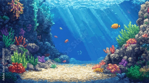 Pixel art underwater world coral fish and sunlit blue water