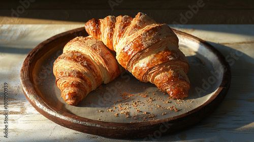Golden Brown Croissants on a Rustic Ceramic Plate, croissant, pastry, bakery, crispy, soft, plate, ceramic, breakfast
