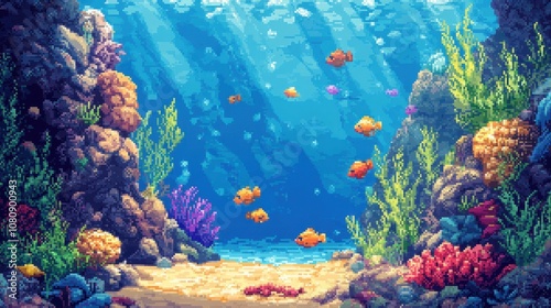 Pixel art deep sea scene with fish coral and sun filtering down