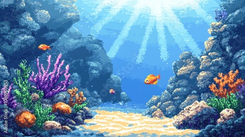 Pixel art underwater view coral reefs fish and soft light
