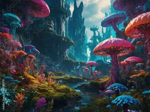 Macro shot of an AI-created fantasy world illustration with intricate details