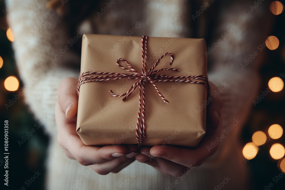 A Beautifully Wrapped Christmas Gift Held by a Loving Person Amidst Twinkling Holiday Lights in a Cozy Setting