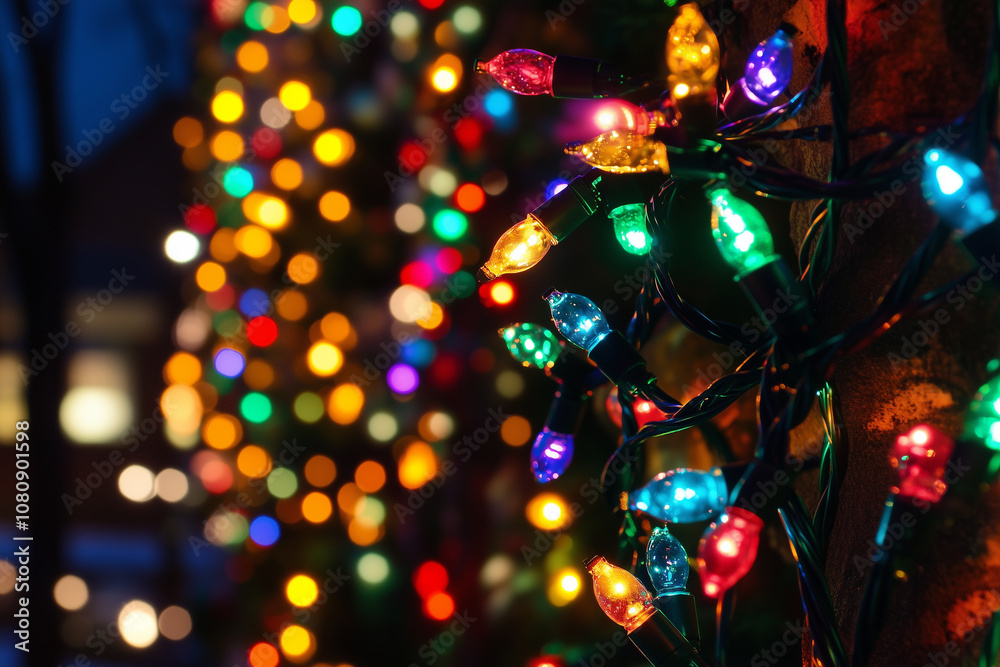 A Vibrant Display of Christmas Lights Illuminating a Winter Evening in a Cozy Neighborhood, Creating a Festive and Magical Atmosphere