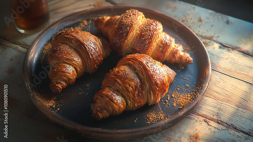 Golden Brown Croissants on a Rustic Ceramic Plate, croissant, pastry, bakery, crispy, soft, plate, ceramic, breakfast
