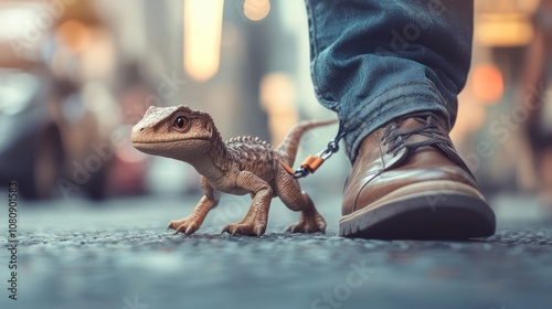 As dusk falls, a tiny dinosaur explores city life, walking on a leash beside its human companion, symbolizing a unique bond between history and urbanity photo