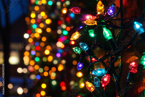Obraz na płótnie A Vibrant Display of Christmas Lights Illuminating a Winter Evening in a Cozy Neighborhood, Creating a Festive and Magical Atmosphere w salonie