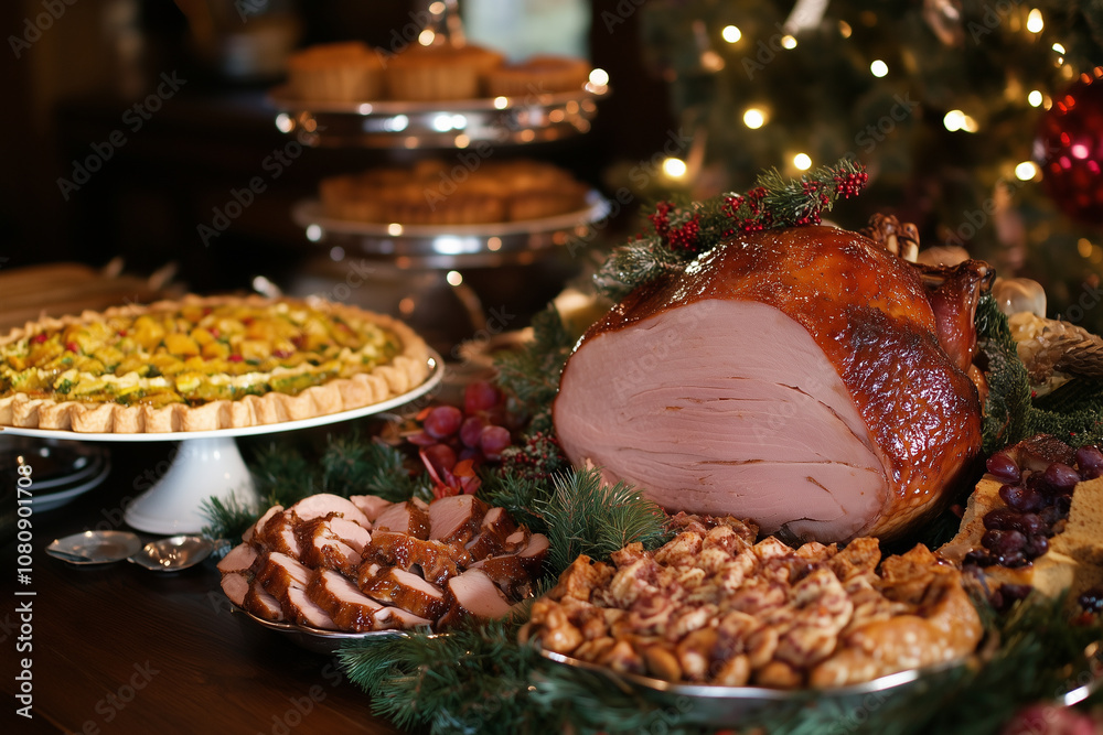 A Festive Banquet Featuring a Succulent Roast and an Array of Colorful Dishes Celebrates Togetherness During the Holiday Season