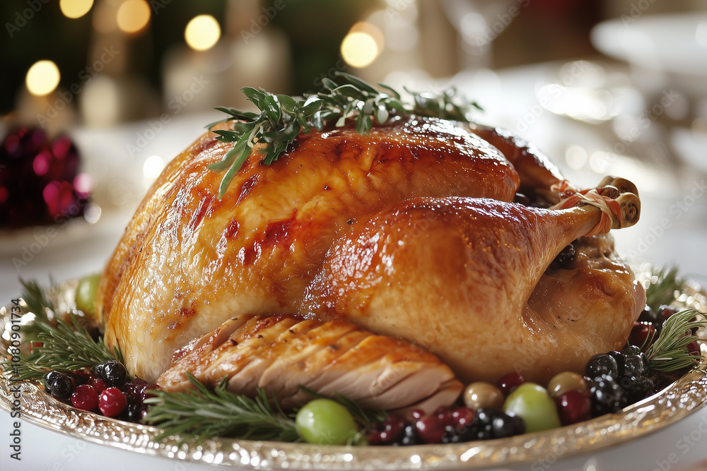 A Beautifully Roasted Turkey Centerpiece Adorned With Fresh Herbs, Served During a Festive Holiday Feast