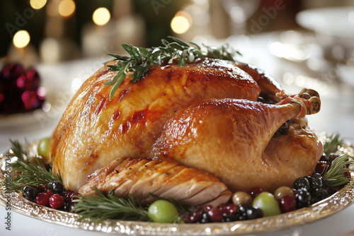 A Beautifully Roasted Turkey Centerpiece Adorned With Fresh Herbs, Served During a Festive Holiday Feast