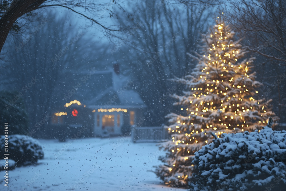 A Tranquil Winter Evening in a Snowy Neighborhood Adorned With a Beautifully Lit Christmas Tree and Charming House Decorations