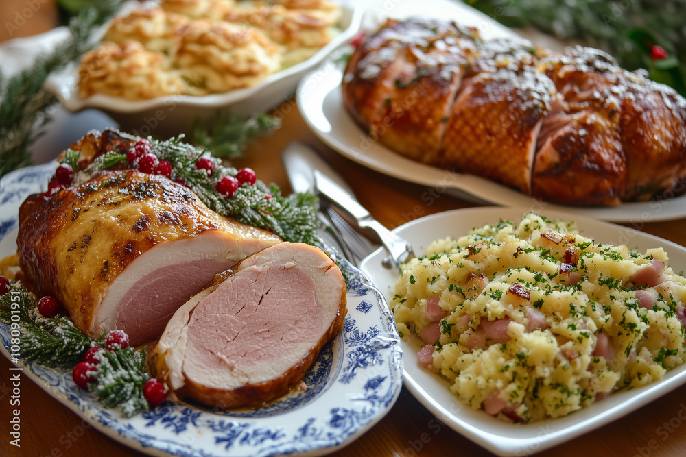 A Festive Gathering Featuring Succulent Roasts, Savory Side Dishes, and Seasonal Garnishes on a Decorated Dining Table