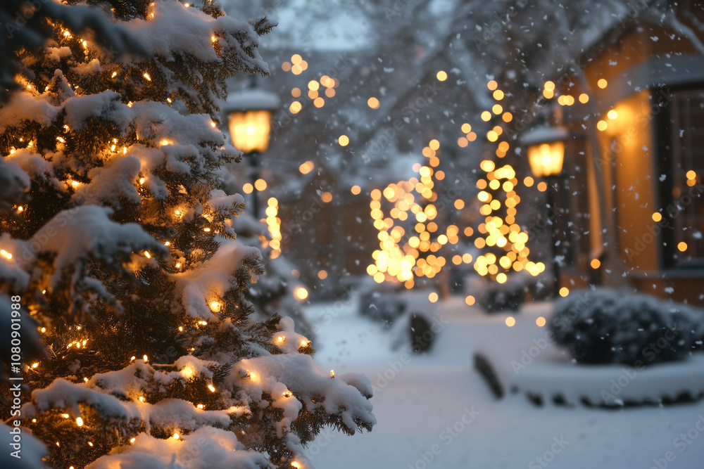 A Magical Winter Evening With Softly Falling Snow and Twinkling Lights Illuminating a Quaint Pathway Adorned With Holiday Decorations