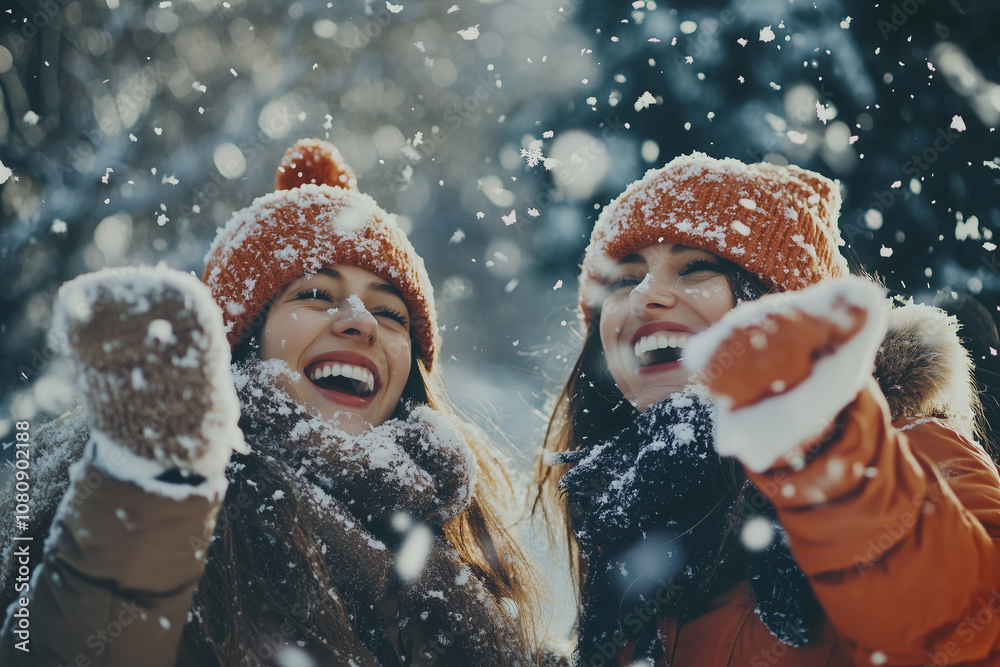 Two Friends Celebrating Christmas Outdoors in Falling Snow, Wrapped Warmly in Cozy Winter Attire, Sharing Joyful Laughter Amidst a Winter Wonderland