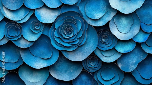 Abstract blue paper roses in a 3D design.