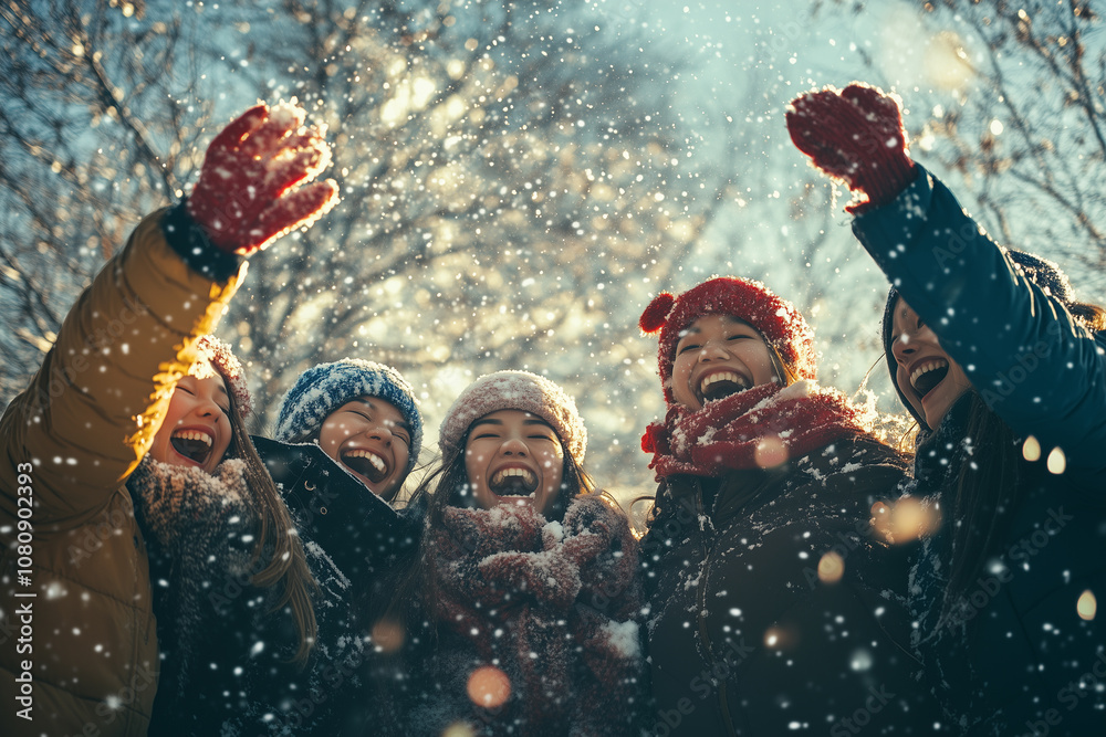 Joyful Friends Celebrating Christmas Outdoors in a Winter Wonderland Surrounded by Swirling Snowflakes and Vibrant Holiday Cheer