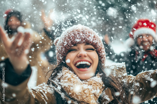 Joyful Moments Outdoors During a Snowy Christmas Celebration With Friends, Laughter, and the Magic of Winter