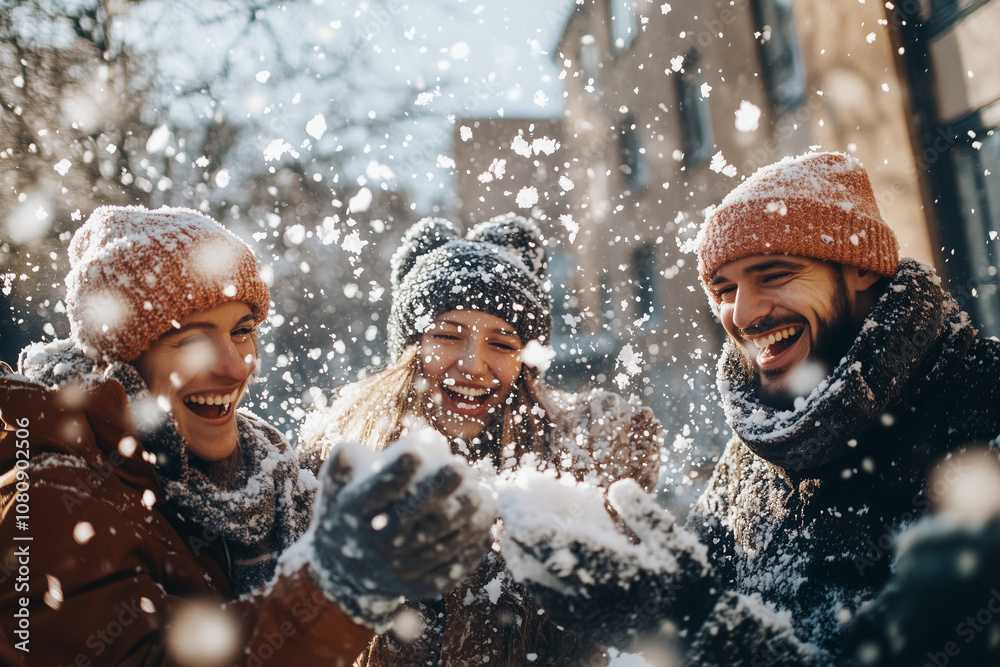 Joyful Friends Enjoying a Snowy Christmas Day Outdoors, Celebrating With Laughter and Snowball Fun Near Cozy Buildings in Winter Sunshine