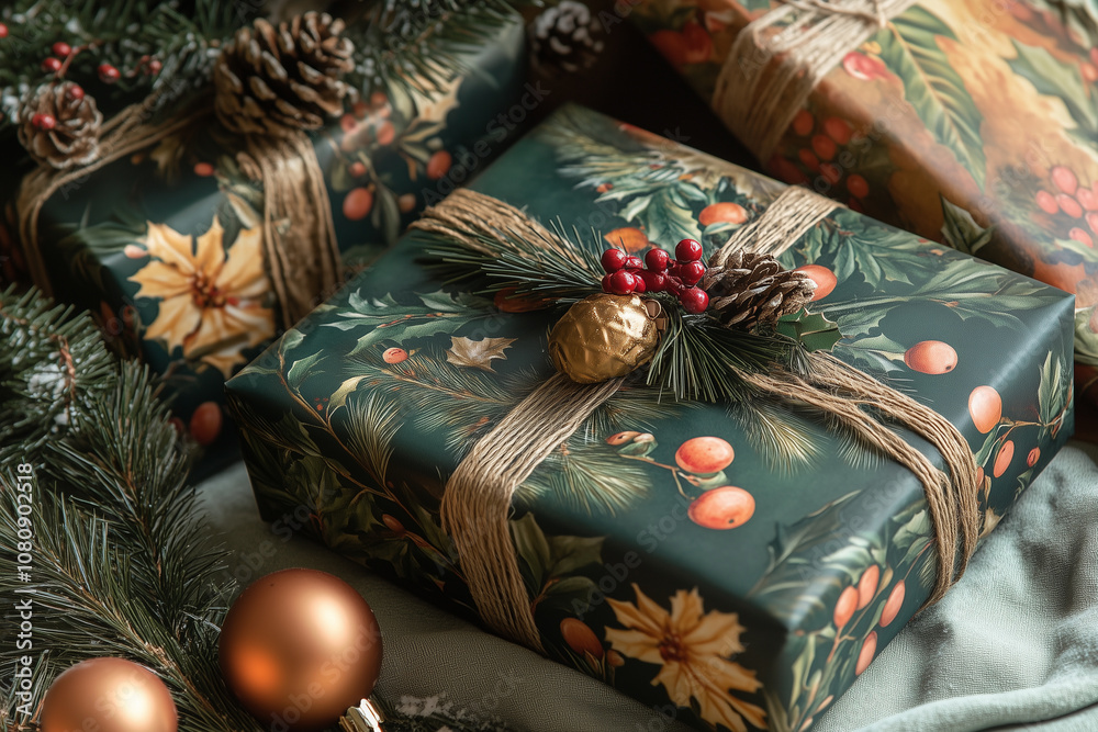 A Beautifully Wrapped Christmas Gift Adorned With Natural Elements and Festive Decorations in a Cozy Holiday Setting